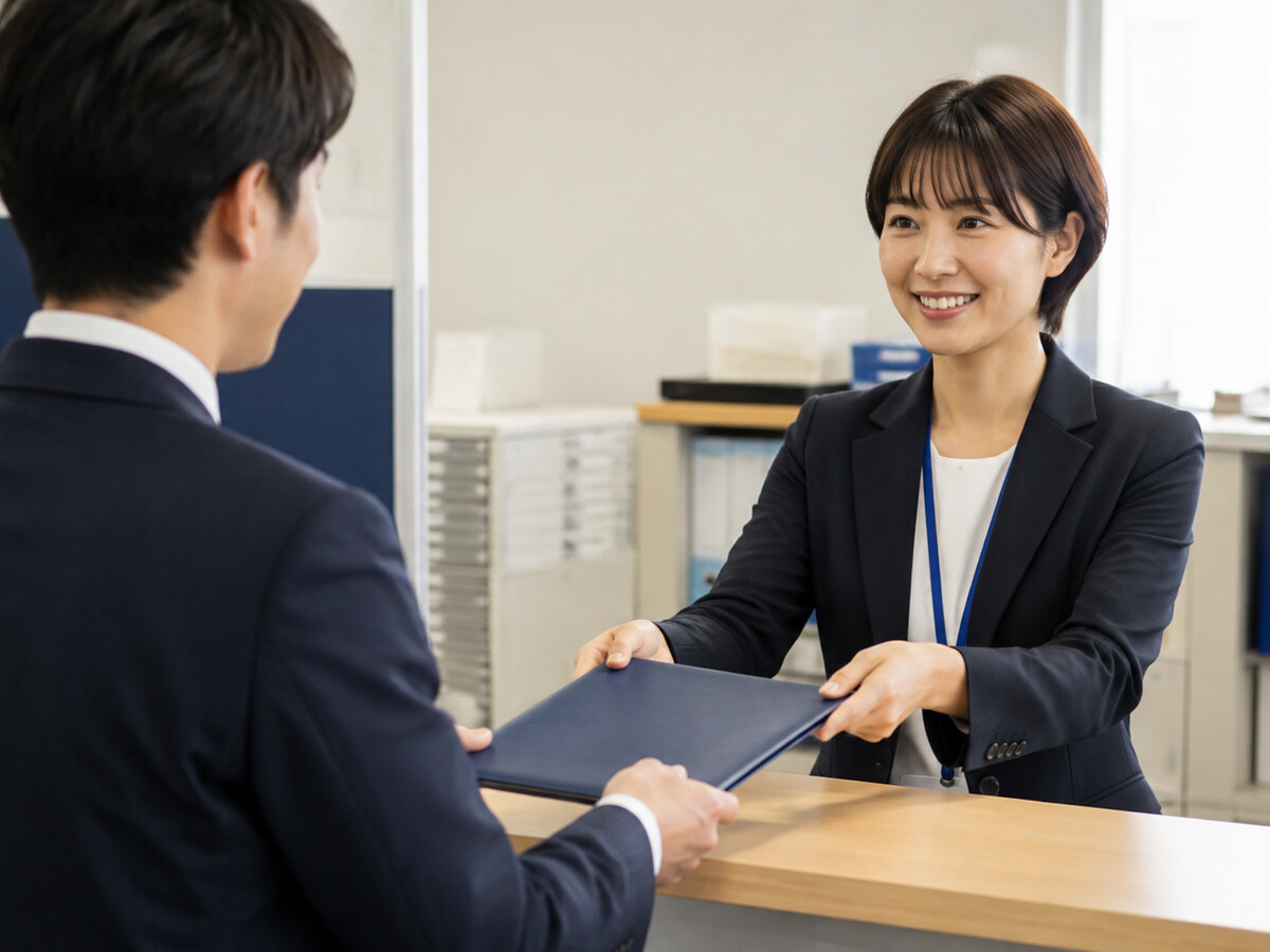 地方出入国在留管理官署の窓口で就労ビザ申請書類を提出する様子