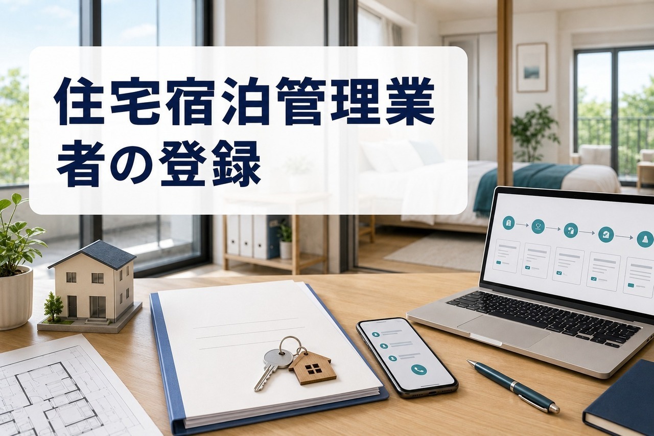 民泊住宅の管理を示す住宅模型、鍵、申請書類、連絡用スマートフォンを配置した住宅宿泊管理業者登録のイメージ