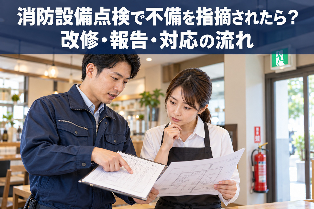 消火器と誘導灯のある店舗内で、点検票と設備図面を確認する消防設備の専門スタッフと店舗管理者のイメージ