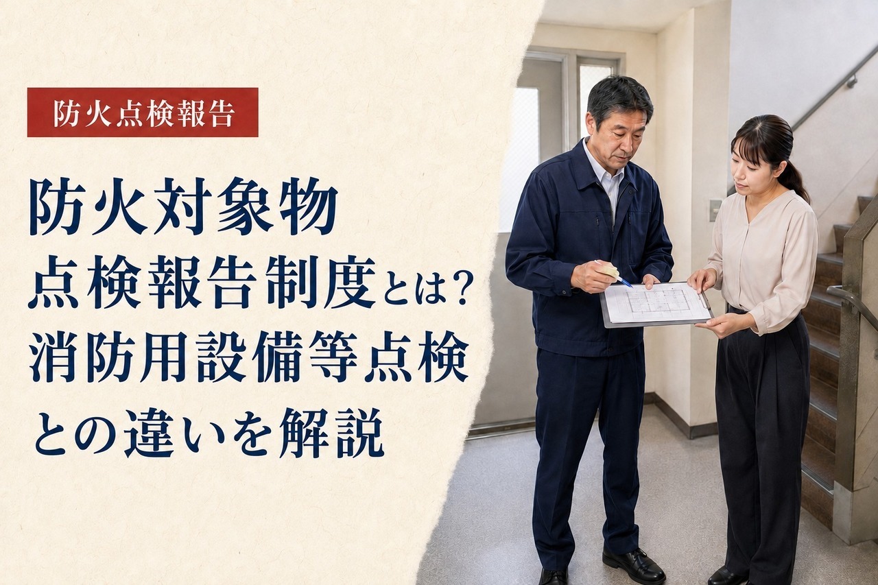 商業ビルの避難階段で、防火対象物点検報告に向けて平面図と避難経路を確認する点検資格者と建物管理者のイメージ