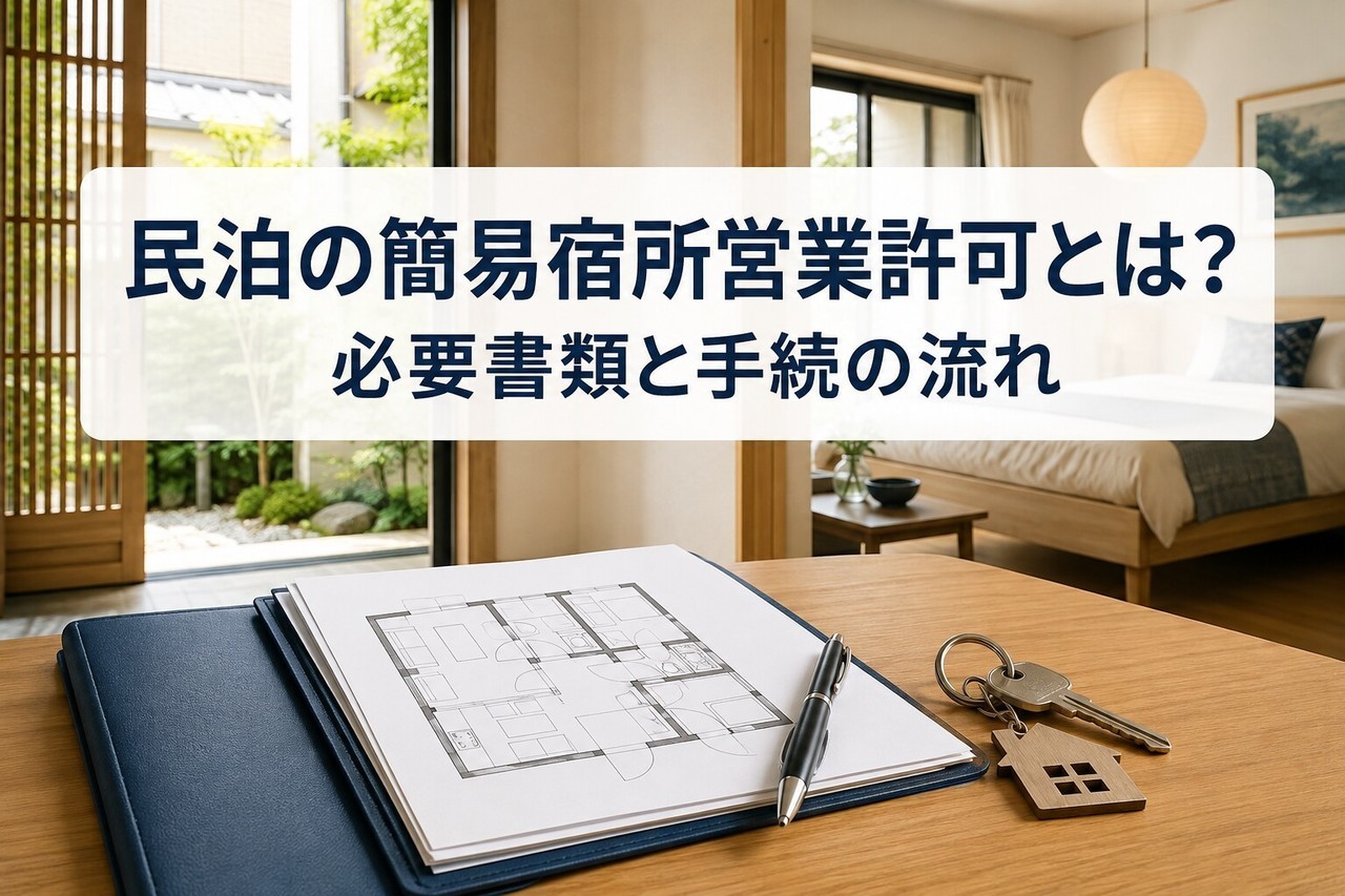 民泊の簡易宿所営業許可の必要書類と手続を表す、宿泊施設の客室、図面、鍵のイメージ