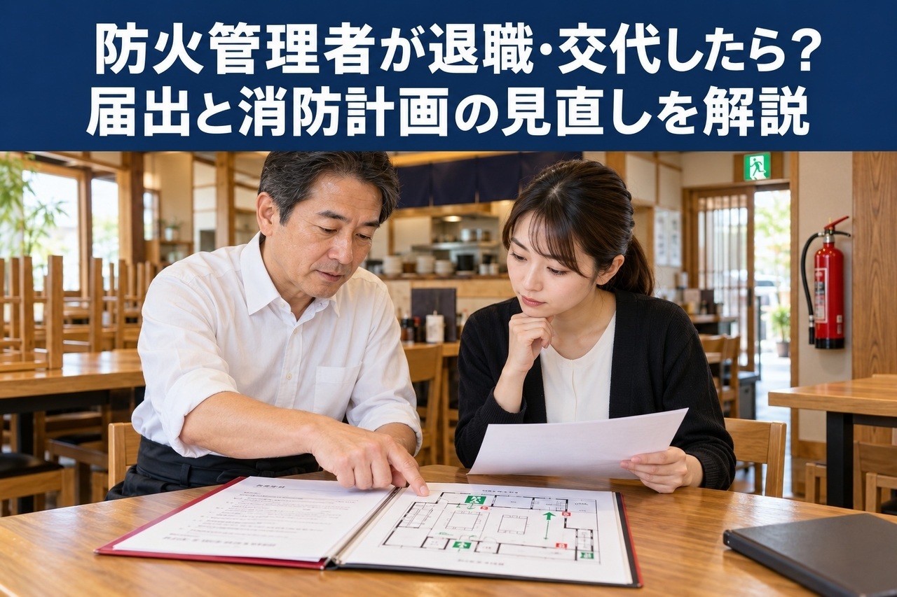 消火器と非常口表示のある飲食店内で、消防計画書と避難経路図を確認して引継ぎを行う店舗管理者と後任者のイメージ
