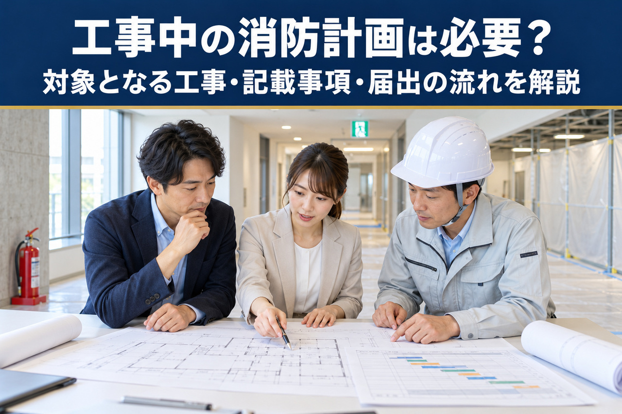 工事中の建物内で、ヘルメットを着けた工事担当者ら3人が図面と工程表を確認するイメージ
