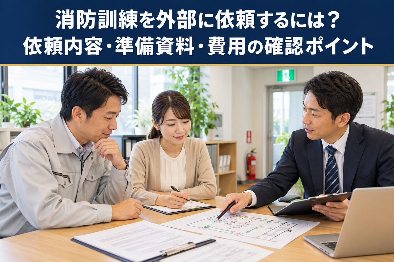 非常口表示と消火器のある事業所で、担当者と外部の支援者が消防訓練の計画や見積書を確認するイメージ