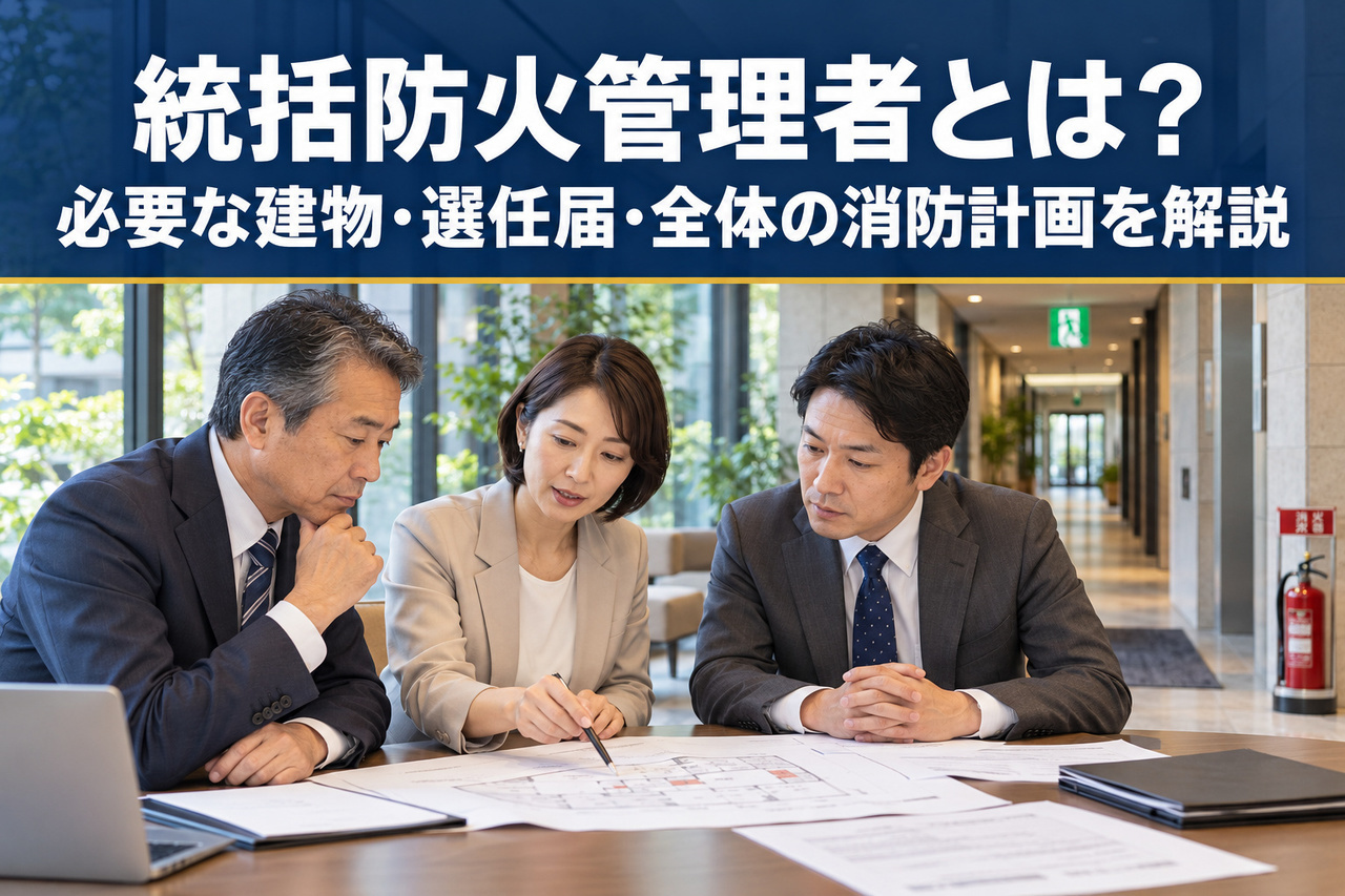 非常口表示と消火器のあるビル内で、3人の関係者が建物の図面と消防計画の書類を確認するイメージ