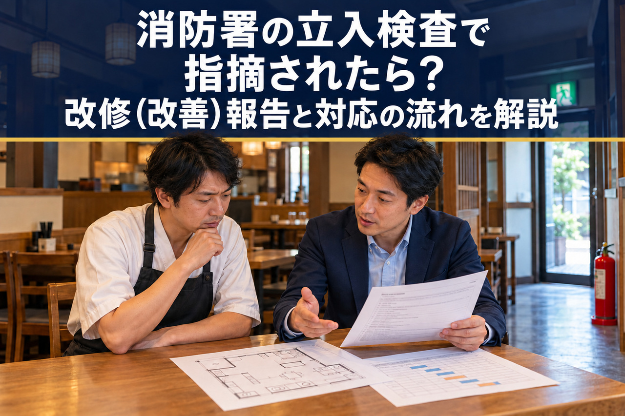 消火器と非常口表示のある店舗内で、立入検査の結果通知書と改修（改善）予定を確認する店舗管理者と支援担当者のイメージ