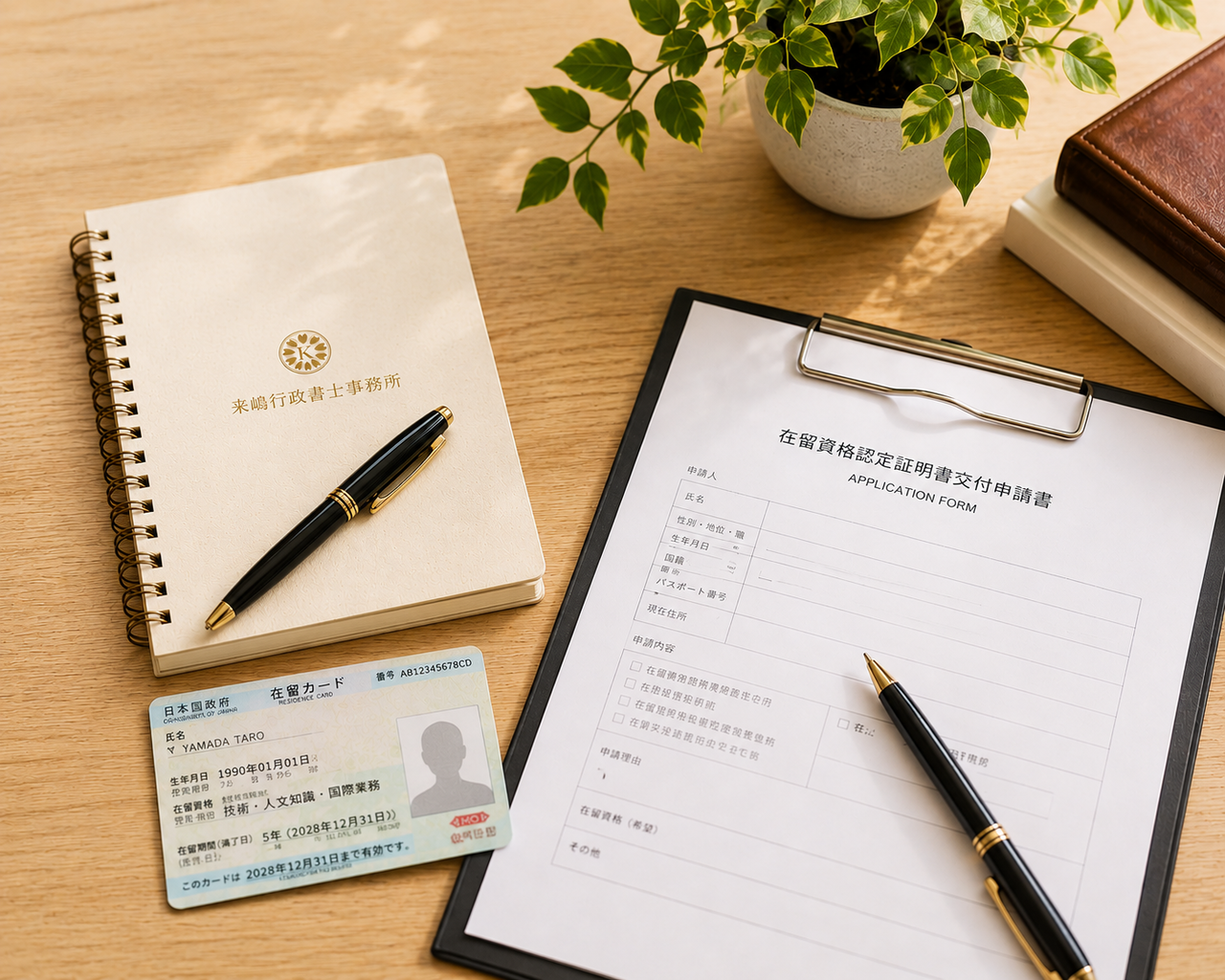 在留カードと申請書類、ノート、ペンを机上に並べた相談イメージ