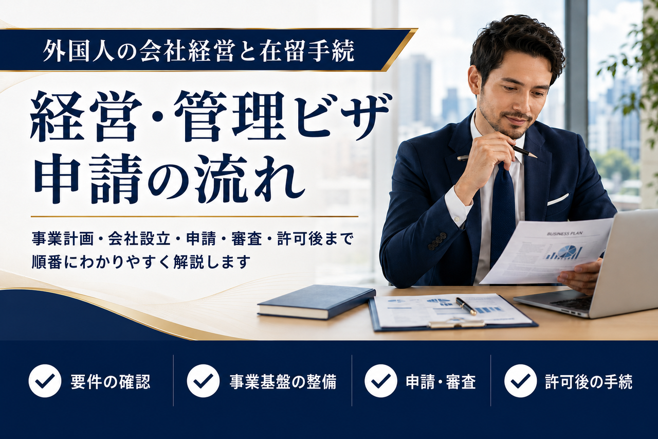 経営・管理ビザ申請の流れを解説する記事のアイキャッチ画像