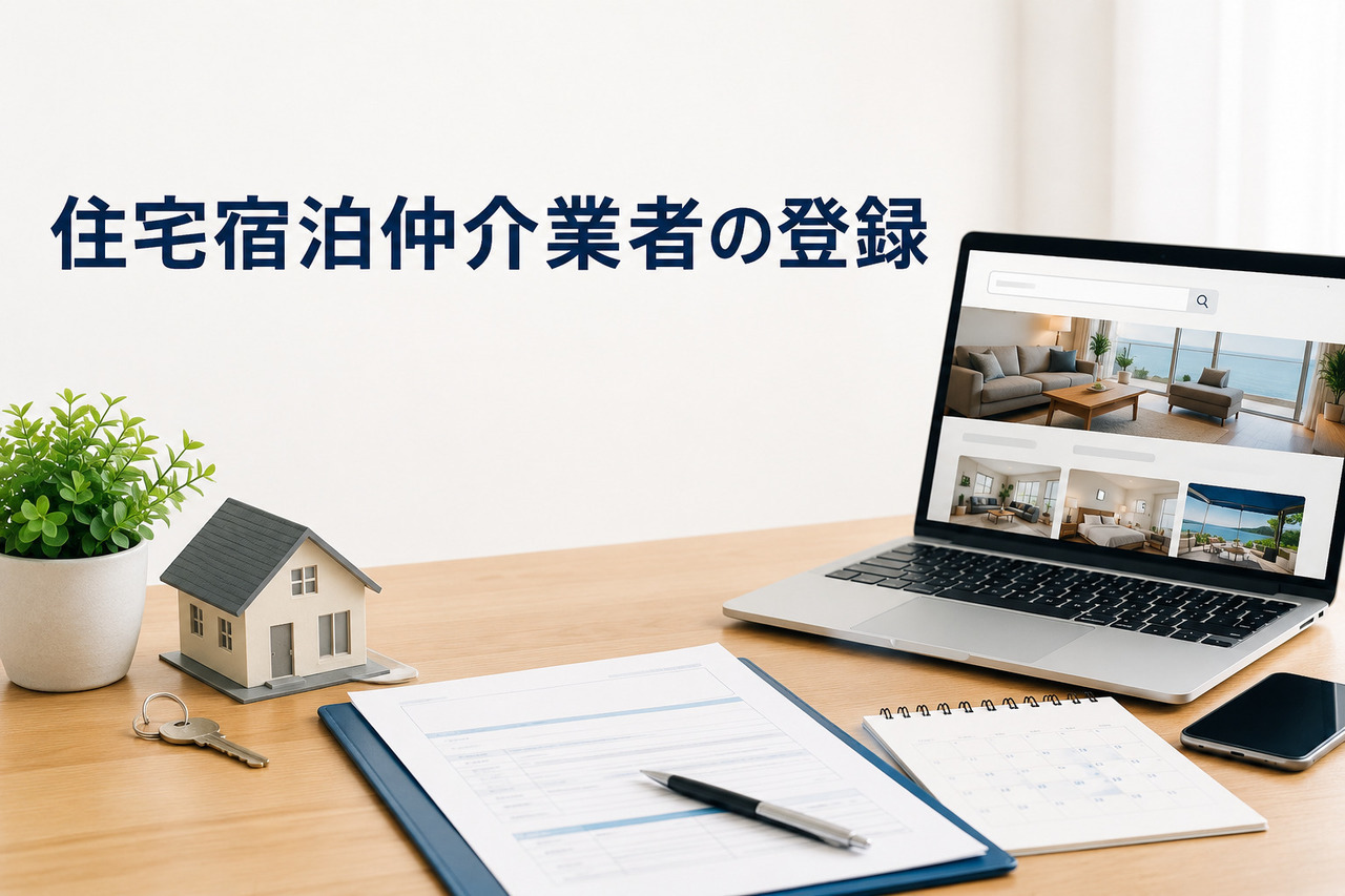 民泊予約サイトを表示したノートパソコン、住宅模型、鍵、申請書類を机上に配置した住宅宿泊仲介業者登録のイメージ