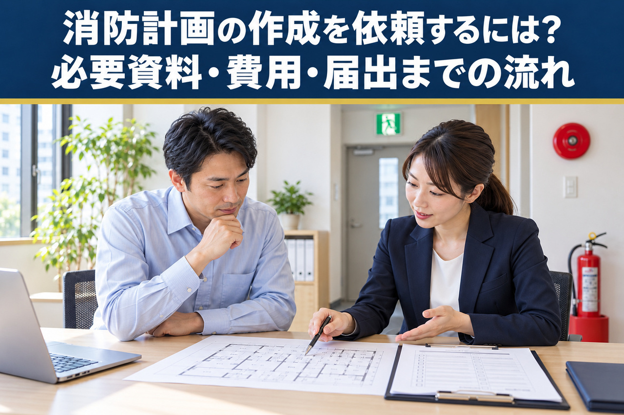 非常口表示と消火器のある事業所で、担当者と相談員が消防計画や平面図を確認するイメージ