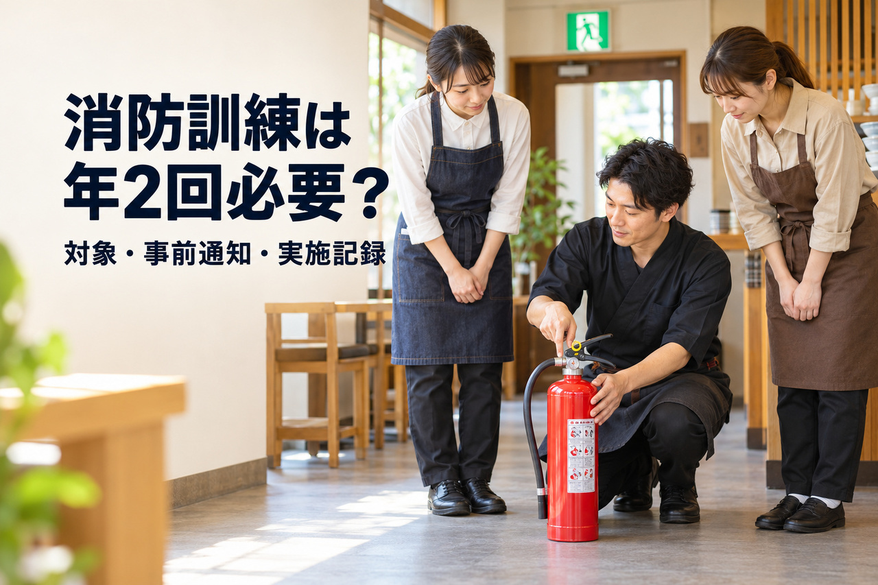 非常口表示のある店舗内で、3人のスタッフが消火器の操作方法を確認する消防訓練のイメージ