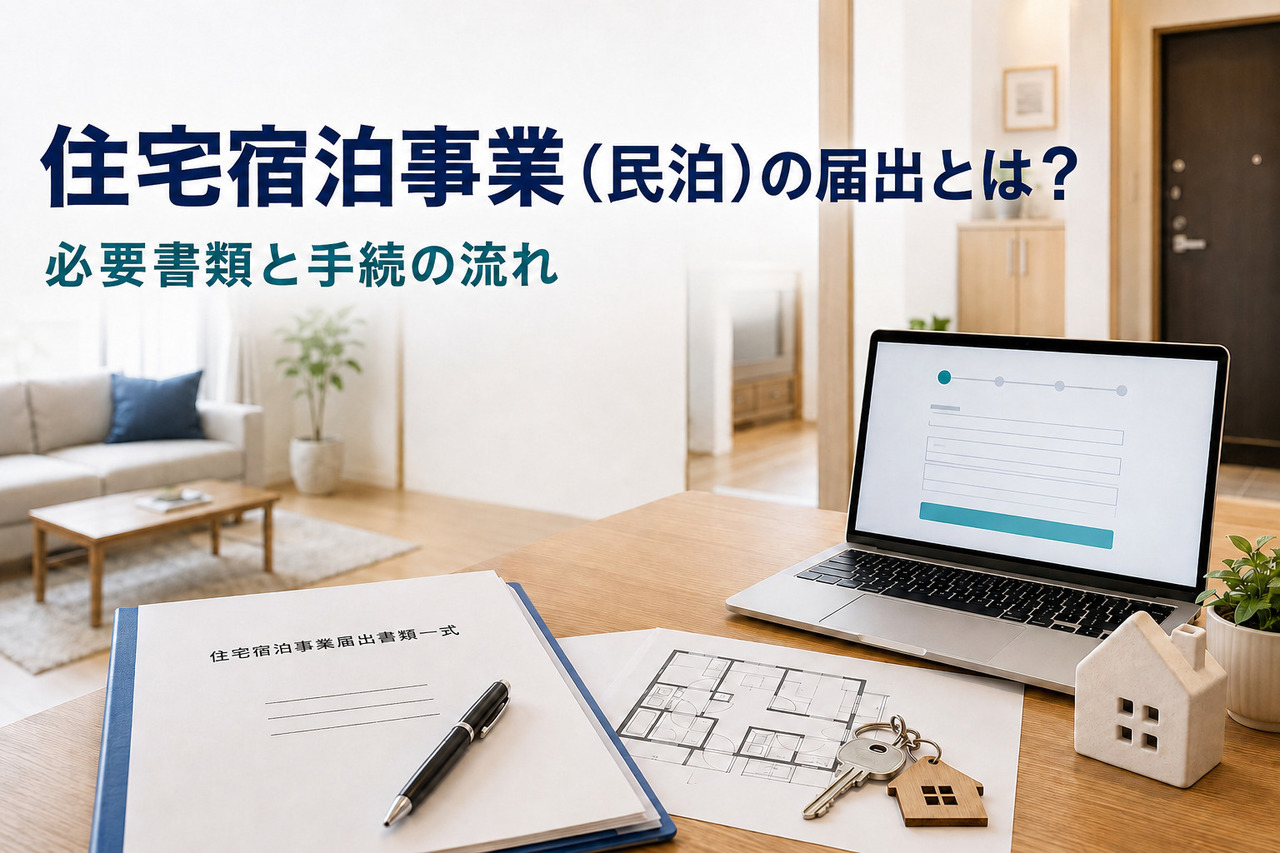住宅宿泊事業の届出書類と間取り図、鍵、オンライン手続画面を室内の机上に並べたイメージ