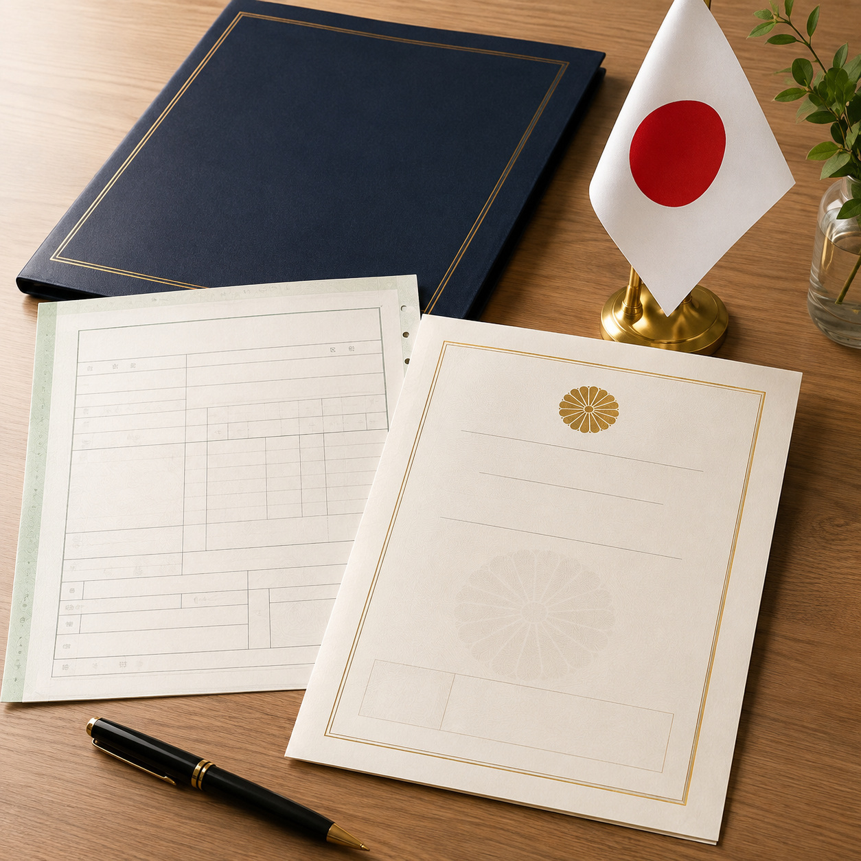 帰化許可後の手続を表す日本国旗と証明書類