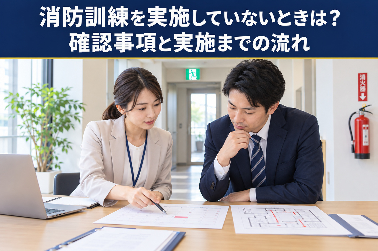 非常口表示と消火器のある事業所で、担当者2人が日程表と図面を見ながら消防訓練の準備を確認するイメージ