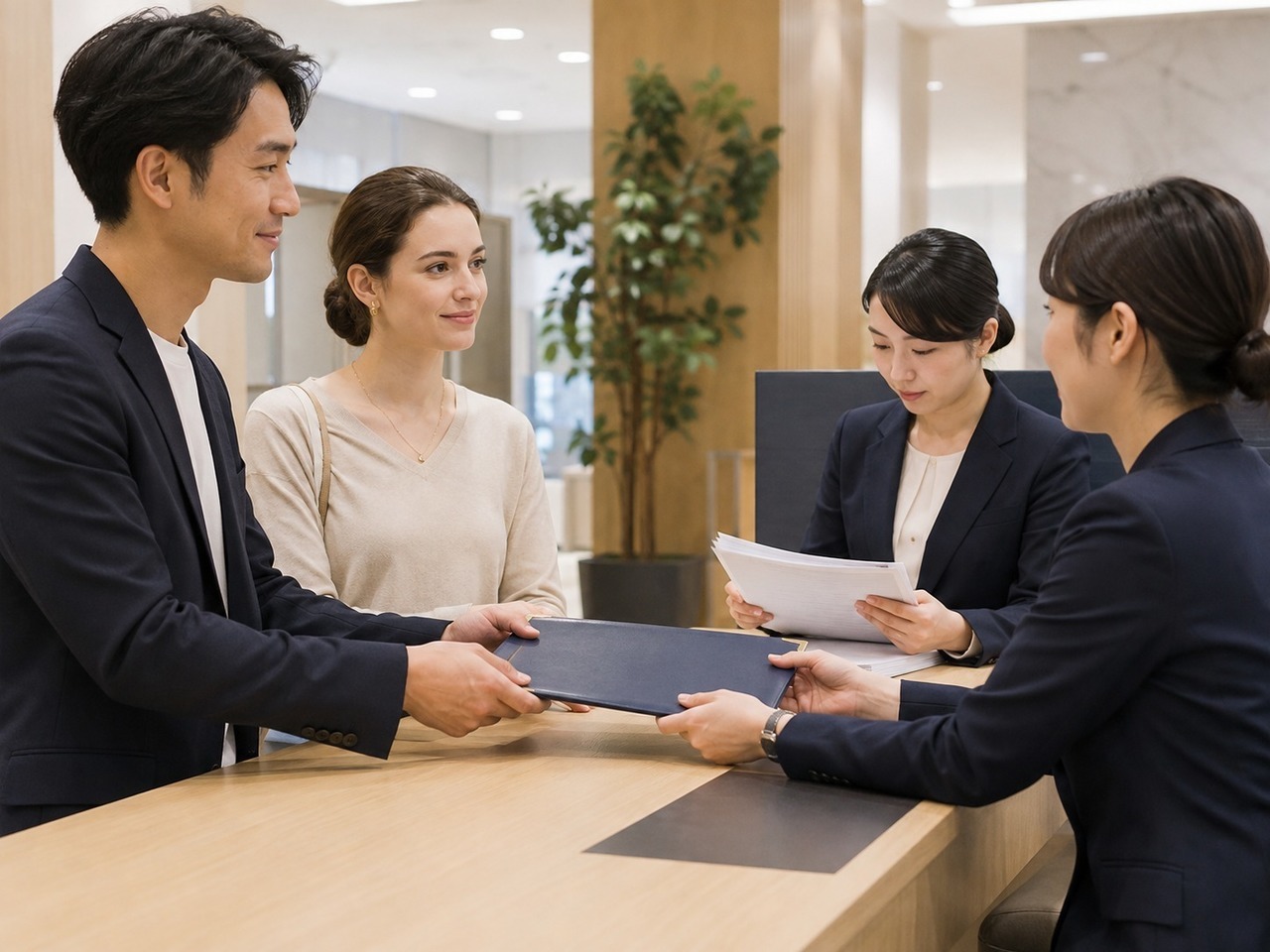 地方出入国在留管理官署の窓口で配偶者ビザ申請書類を提出する夫婦