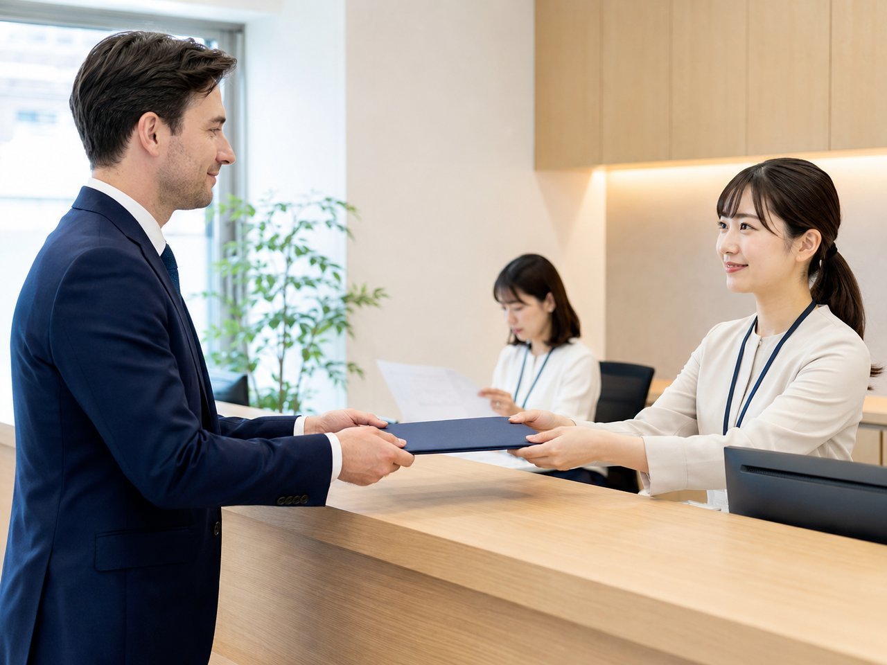 経営・管理ビザ申請の書類を窓口へ提出する外国人経営者