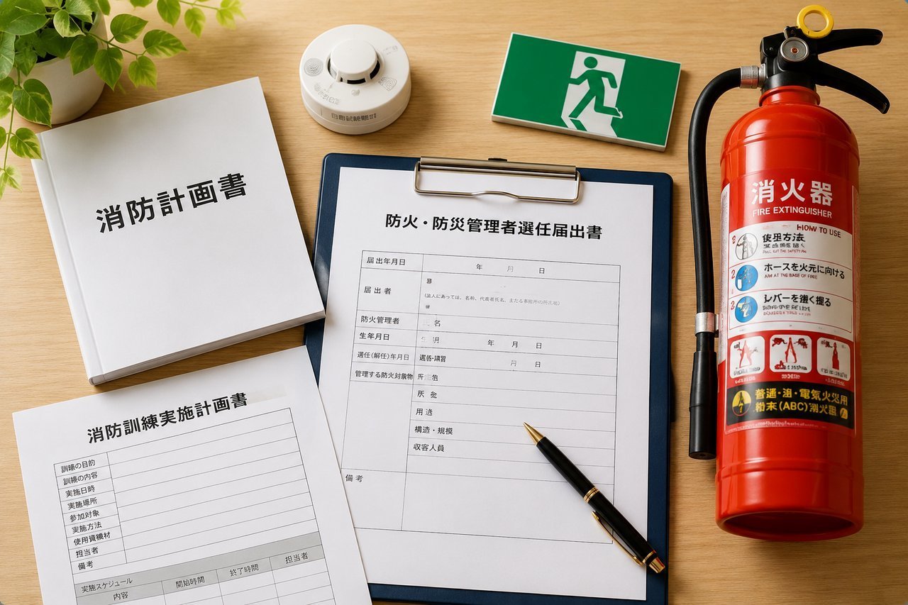消防計画書、消防関係の届出書、消火器を机上に並べた相談イメージ