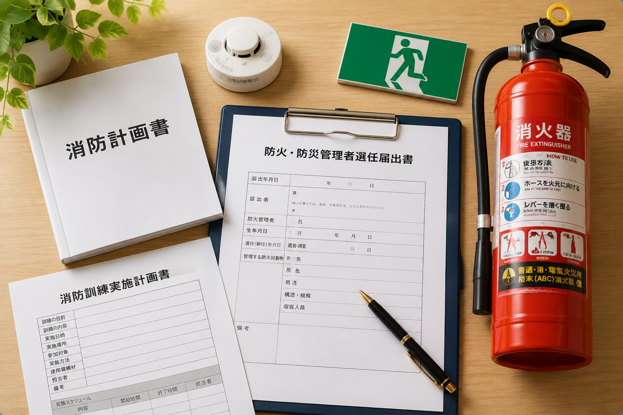 消防計画書、消防関係の届出書、消火器を机上に並べた相談イメージ