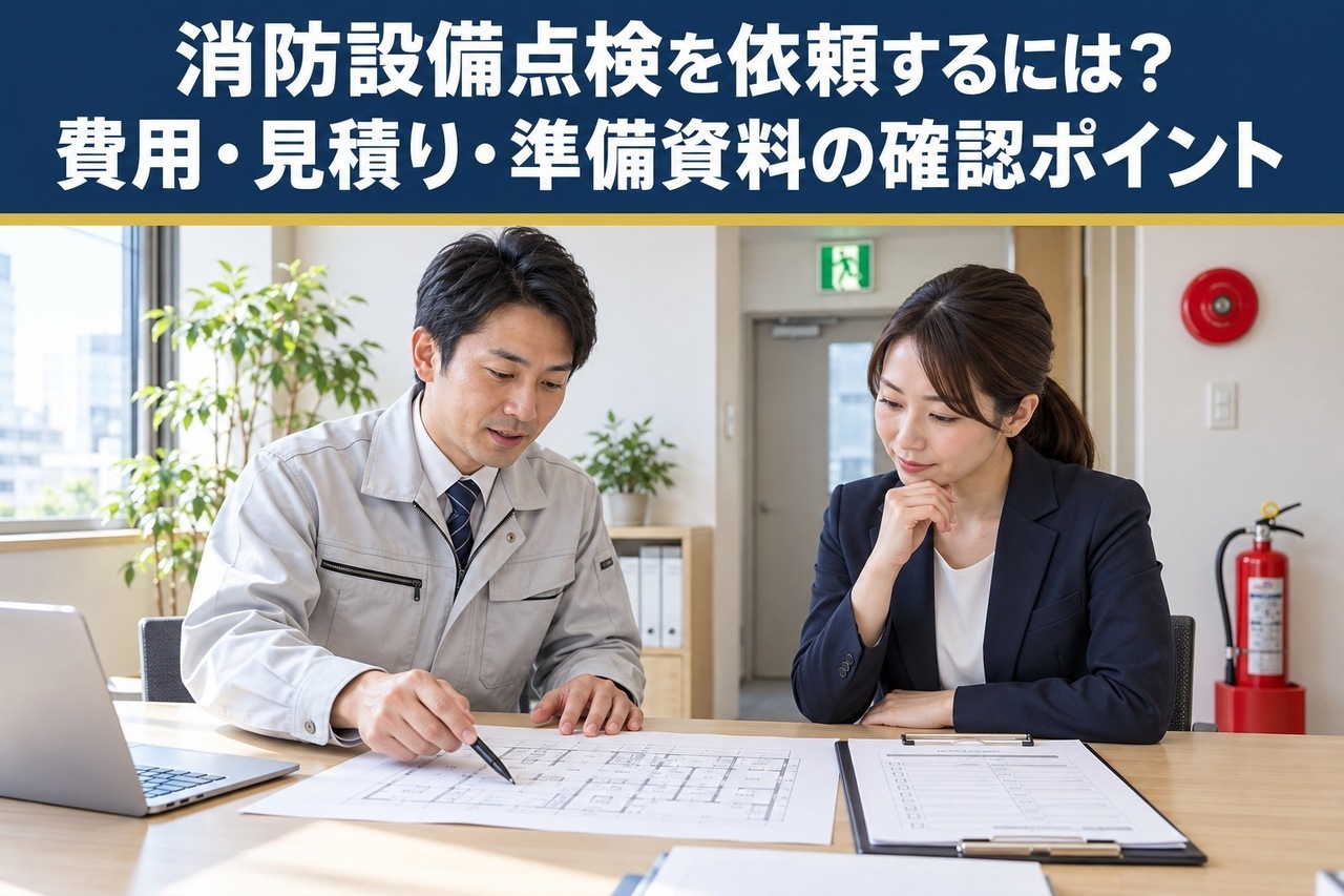 消火器と非常ベルのある事業所で、担当者と点検業者が図面や書類を確認するイメージ