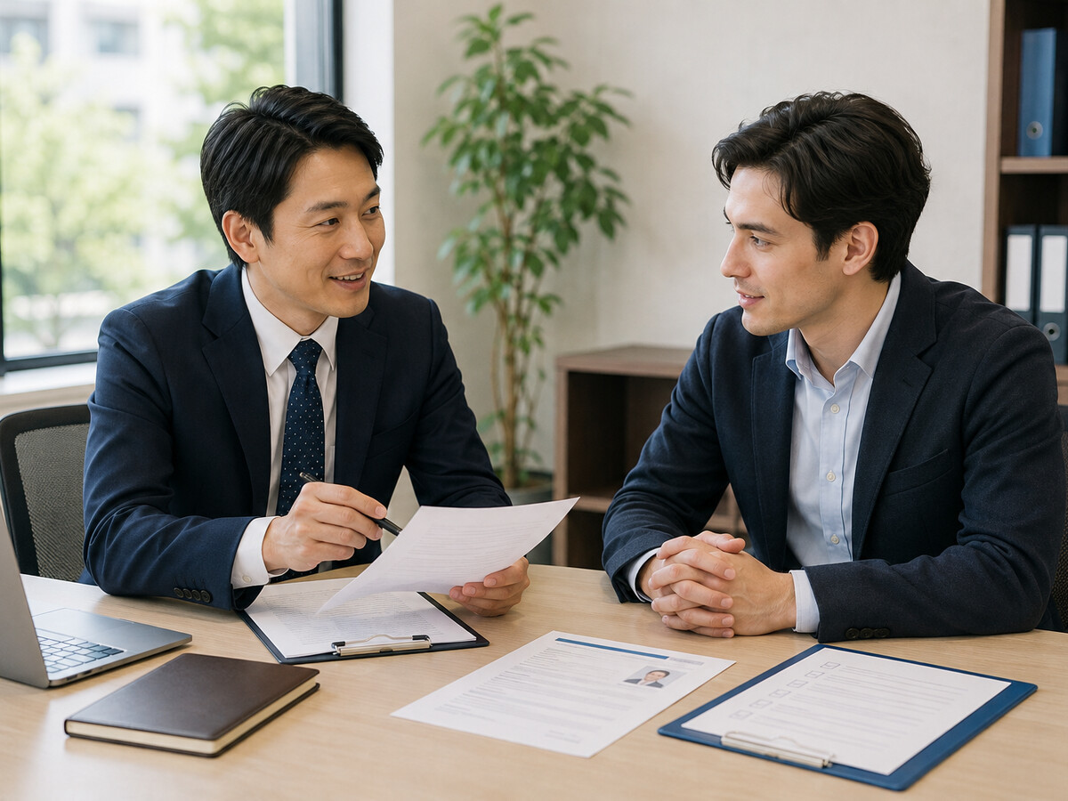 採用予定者の業務内容と該当する就労ビザを確認する打合せの様子