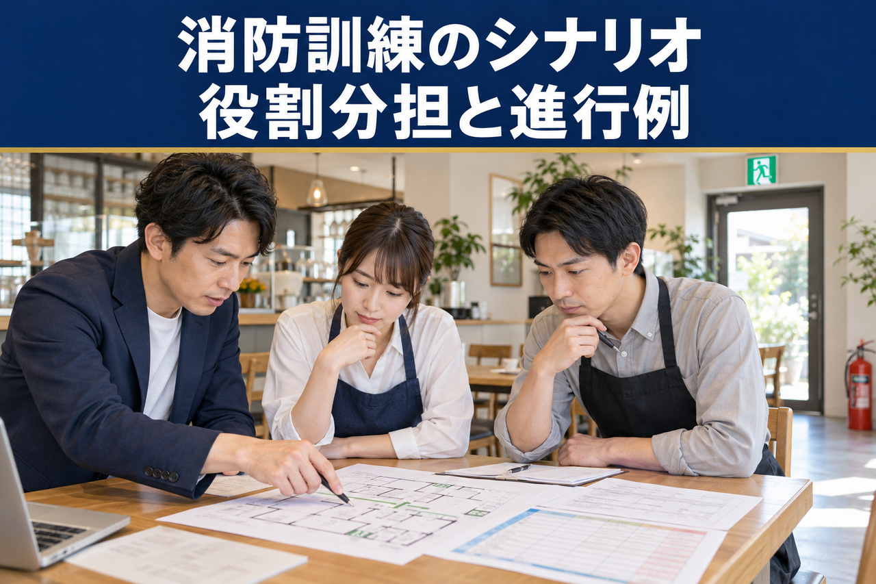 店舗内で、3人のスタッフが図面と進行表を見ながら消防訓練の役割分担を確認するイメージ