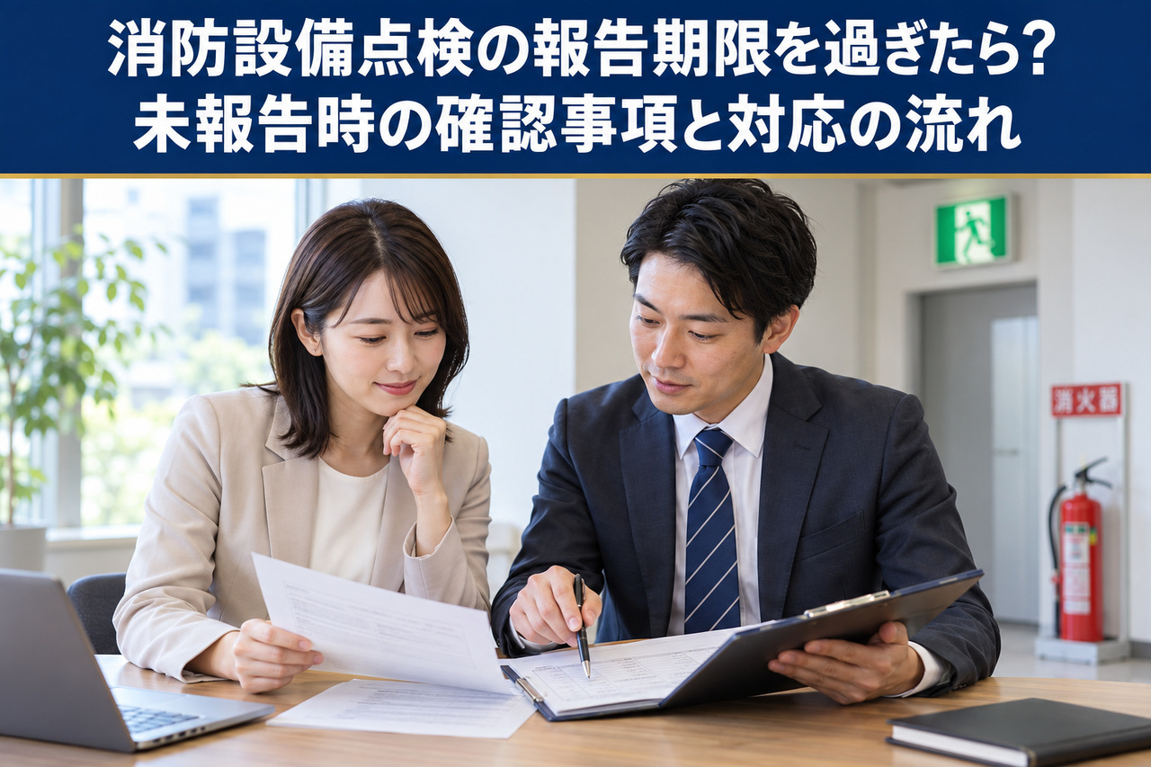 非常口表示と消火器のある事業所で、担当者と相談員が点検報告書と提出状況を確認するイメージ