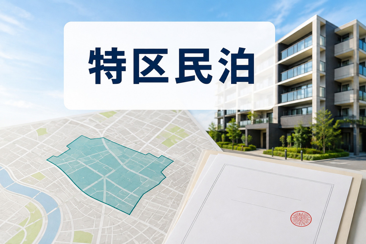 都市部の集合住宅と対象区域を示す抽象地図、認定手続を表す書類を組み合わせた特区民泊のイメージ